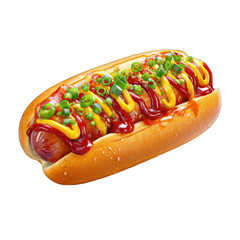 A savory hot dog in a soft bun, generously topped with ketchup, mustard, and sliced green onions.  The glistening sauces and toasted bun suggest a delicious and satisfying meal