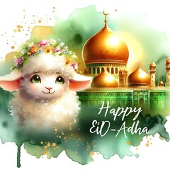 Happy Eid al-Adha Lamb and Mosque Watercolor Greeting
