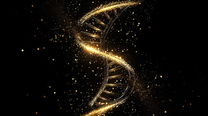 Obraz premium Golden DNA strand with glowing particles on a dark background.
