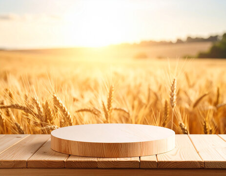 Empty Wooden Table and Podium with Blurred Wheat Field Background for Shavuot Holiday

