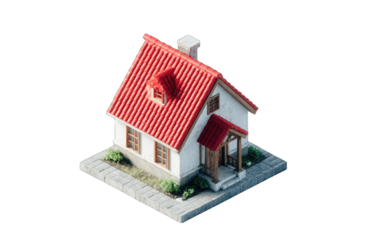 Isometric rendering of a small, white house with a red roof, small porch, and stone pathway