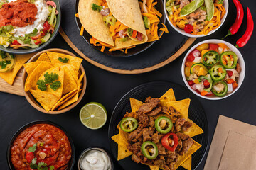 Delicious mexican food platter with tacos and nachos