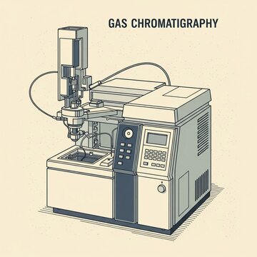 A retro-style illustration depicting a gas chromatography instrument, showcasing its detailed components like the column, detector, and injection port. This vintage icon, reminiscent of old science