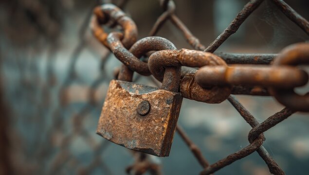 Rusty padlock on a chain-link fence (1) - Powered by Adobe