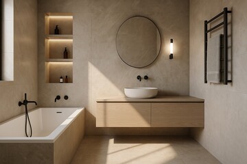 Minimalist beige bathroom with round mirror, built-in shelves, and black fixtures lit by natural light. Generated AI.