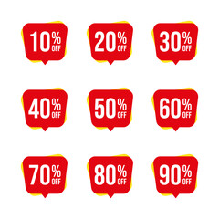 Red And Yellow Discount Percentage Tags Set – 10% to 90% Off Sale Badge Collection