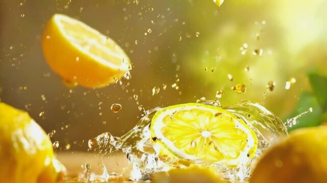 A lemon slice splashes into water, creating a crown of droplets.