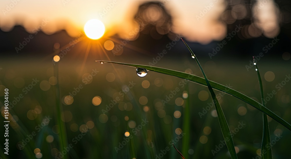 Aufkleber a grassy field with a sun shining on it and a drop of water on a leaf