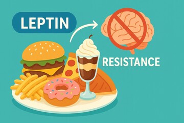 An illustration shows unhealthy foods leading to leptin resistance with a blocked brain icon..Concept: Junk food role in disrupting hormonal appetite signals.