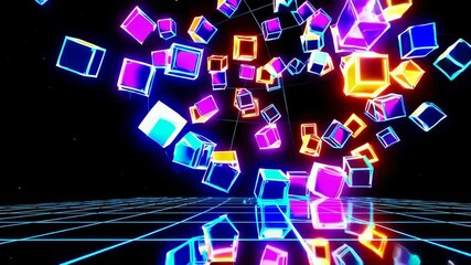 Vibrant neon cubes soaring above grid in dynamic abstract motion - Powered by Adobe