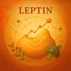 A stylized fat cell with a rising graph is labeled "LEPTIN" and surrounded by plants and broccoli..Concept: Diet's influence on leptin levels and fat regulation.