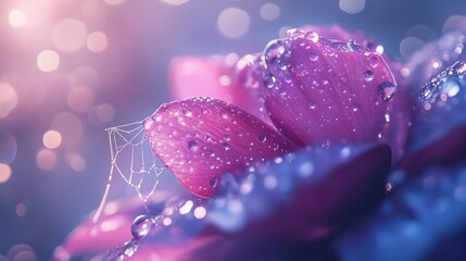 Fototapeta premium Delicate pink flower petals, dew drops, and spider web