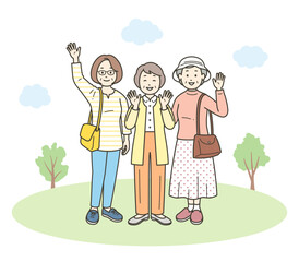 仲の良い高齢女性グループが旅行先で楽しんでいる全身イラスト