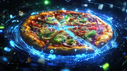 Futuristic pizza with glowing digital effects