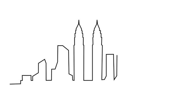 Kuala Lumpur city skylines. Malaysia Independence Day concept. Single line draw design. Full length animation illustration