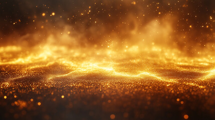 Fototapeta premium Golden light particles shimmer in darkness, a dreamy dance of abstract radiance