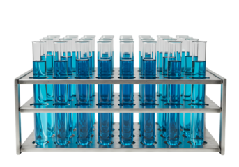 Test Tubes with Blue Liquid in a Metal Rack isolated on transparent baackground