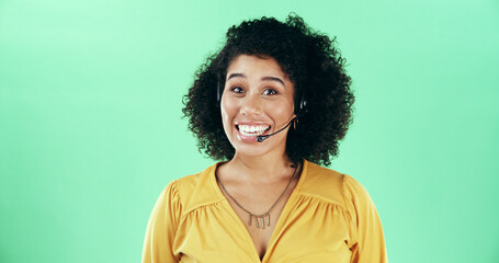 Green background, businesswoman and portrait with headset for talking, call center and crm support....