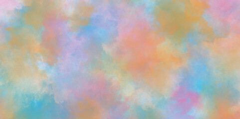 Watercolor paper texture background with cloudy stains and splashes, multicolor pastel rainbow gradient, abstract colorful mixed color soft watercolor background.