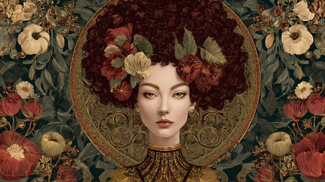 exhibition visual identity | divine womanhood | sacred femininity | earthy green and crimson | mandorla framing | jewelry patterns | patterned hair locks | ornamental detailing | aestheticism in