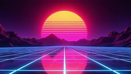 synthwave background, neon grid landscape, retro 80s animation, glowing sun video, vaporwave loop, futuristic neon lights, 4K synthwave loop, digital retro background, glowing retro sun, looped vaporw - Powered by Adobe