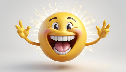 Ecstatic 3D Rendered Emoji Character with Wide Grin, Raised Arms, and Sparkling Aura on a White Background