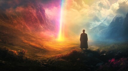 Fototapeta premium A figure stands at a vibrant rainbow chasm, between two landscapes