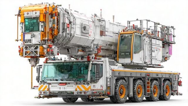 Detailed view of modern mobile cranes against a pristine white background studio shot