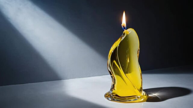 A candle glass sculpture yellow color on the white floor , white and light background , Video.