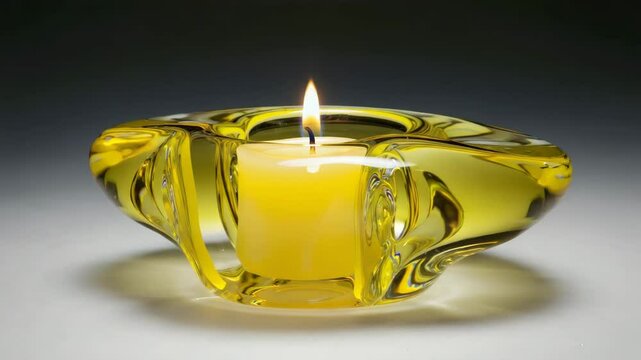 Close up a candle glass sculpture yellow color on the white floor , Video.