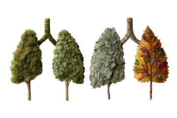 Four stylized trees representing the four seasons, arranged as lungs, showcasing nature's life cycle and the interconnectedness of health and environment