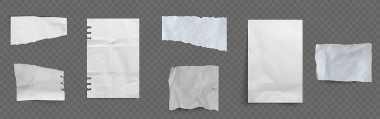 Obraz premium Old paper sheets set isolated on transparent background. Vector realistic illustration of blank torn and wrinkled notebook pages, pieces of crease white memory notes, uneven edges, scrap notepaper