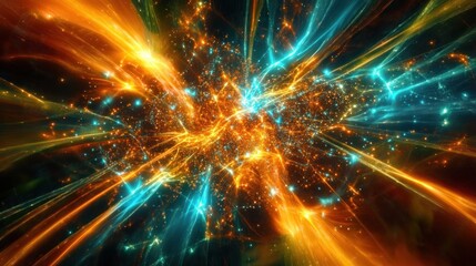 Fototapeta premium Abstract energetic explosion of vibrant orange and teal light streams