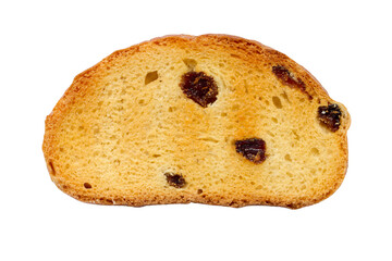 Sweet bread croutons with raisins. The cracker is isolated on a white background.