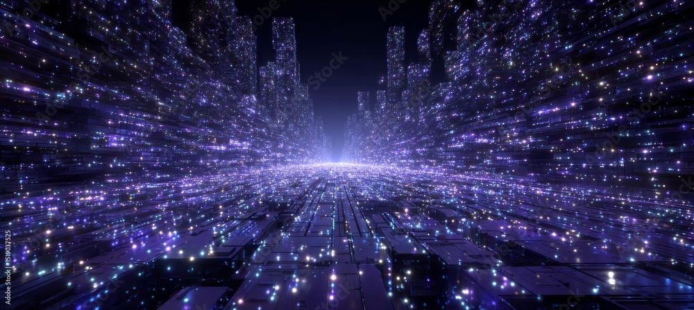 Poster Virtual digital space with city building. Fast speed motion effect. Generative AI technology.	
