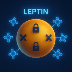 A stylized fat cell labeled "LEPTIN" is shown with molecule icons blocked by locks and X marks..Concept: Leptin resistance in fat metabolism.