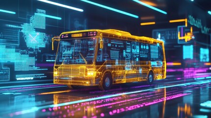 Futuristic bus with digital overlays
