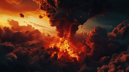 Fototapeta premium Fiery eruption, clouds of smoke