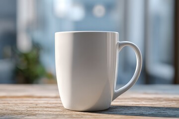 A close-up shot of a plain white mug sitting on a rustic wooden surface near a blurry window. Sunlight illuminates the scene