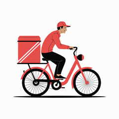 Obraz premium Courier delivering food on a red bicycle illustration depicting fast food delivery service with a happy smiling delivery person