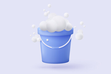 3d plastic bucket icon signs with soapy foam. House cleaning and washing household accessories. 3d water bucket realistic icon vector render illustration