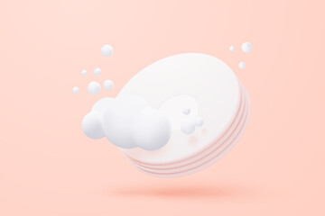 3D dish wash icon signs with soapy foam cleaning service. clean dish with bubble splash, ceramic plate in kitchenware scouring pads. 3d brushing hygiene icon vector render illustration