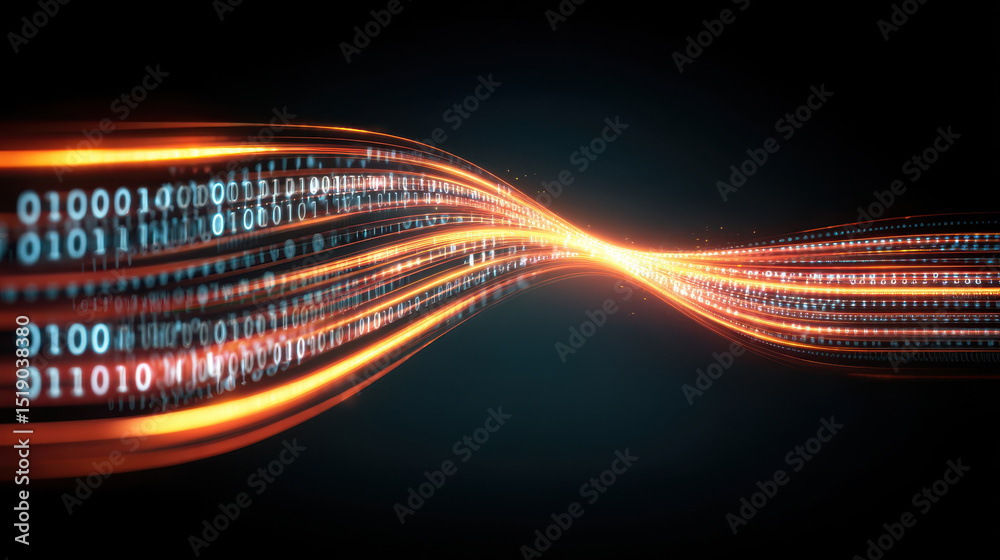 Poster futuristic data flow represented by binary code streams in glowing orange and blue light, symbolizin