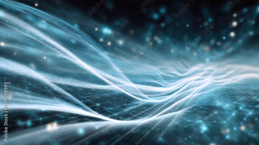 Poster futuristic glowing data streams flow across digital grid, representing advanced technology and conne