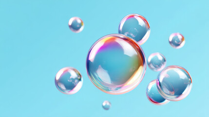 Colorful floating soap bubbles against bright blue background, creating playful and dreamy atmosphere. bubbles reflect light with rainbow like effect, adding sense of wonder