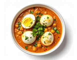 Delicious and creamy egg curry with chickpeas in a white bowl garnished with fresh cilantro served as a flavorful and healthy Indian dish.