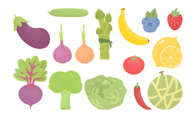 Set of vegetables and fruits. Healthy food concept. Tomato, melon, cucumber, eggplant, hot pepper, etc.