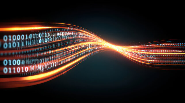 Futuristic data flow represented by binary code streams in glowing orange and blue light, symbolizing digital technology and innovation. dynamic wave design conveys energy and connectivity