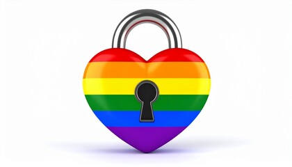 Heart shaped padlock displays LGBTQ pride flag colors symbolizing love and unity