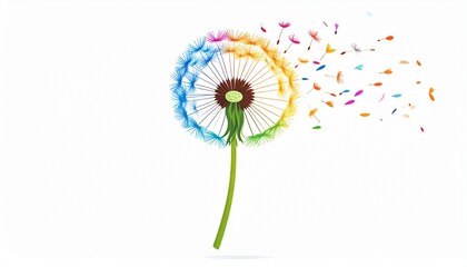 Vibrant Rainbow Dandelion Seeds Scattering on White Background A Colorful Spring Nature Image
